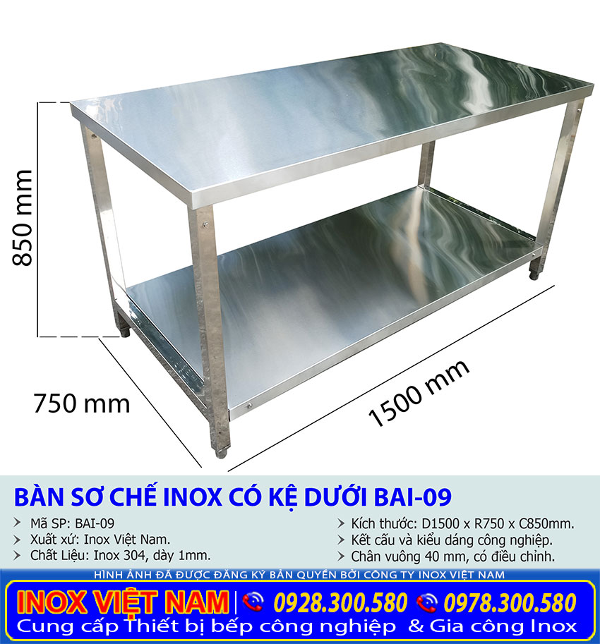 Kích thước bàn bếp inox công nghiệp 2 tầng BAI-09