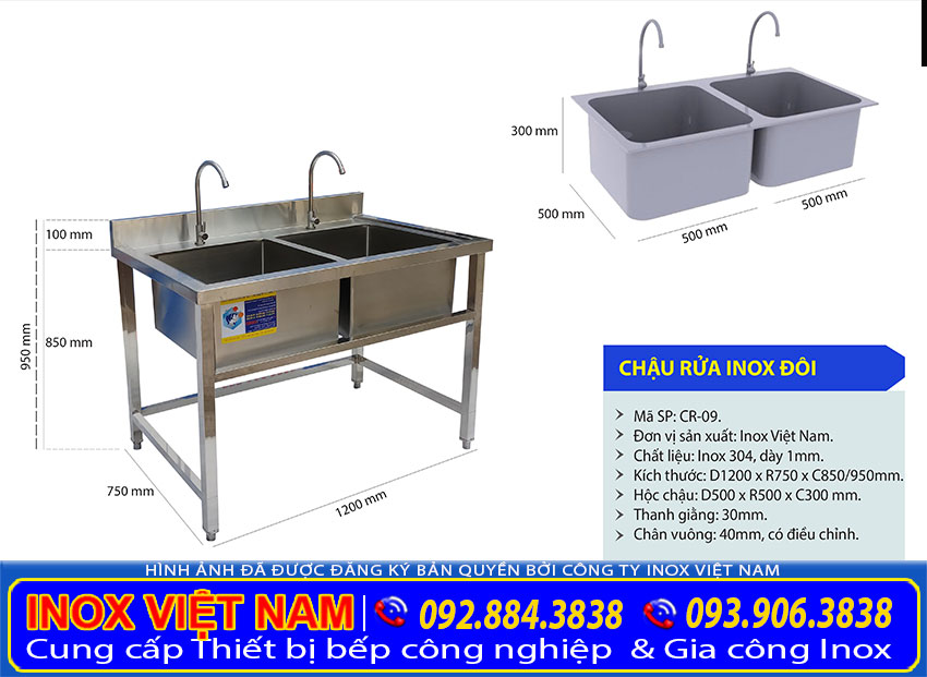 Chậu rửa công nghiệp 2 ngăn lớn Inox Việt Nam