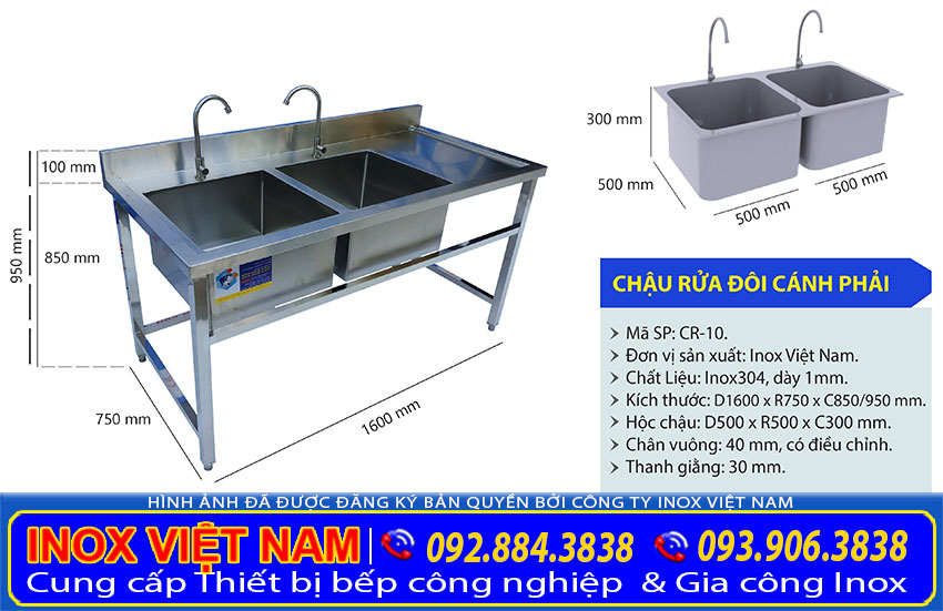 Chậu rửa đôi công nghiệp có bàn rửa cánh phải CR-10