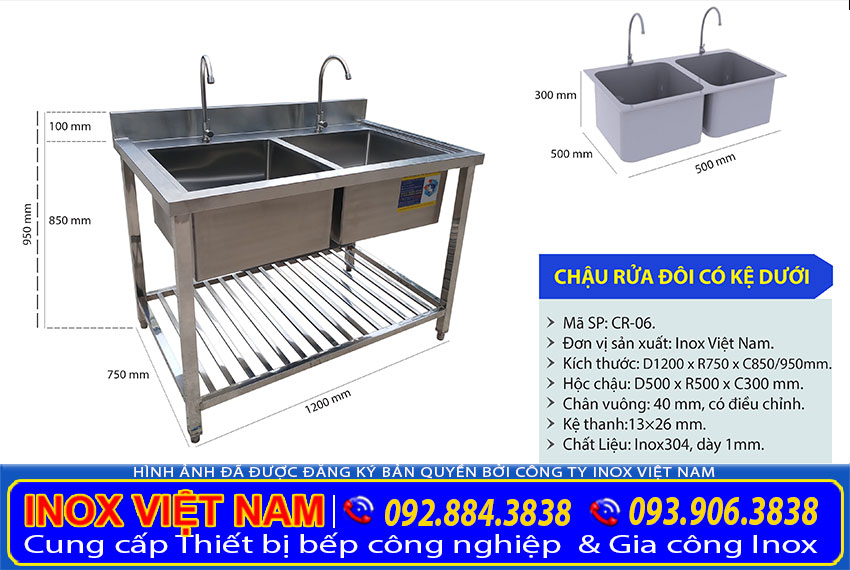 Kích thước chậu rửa đôi công nghiệp CR-06
