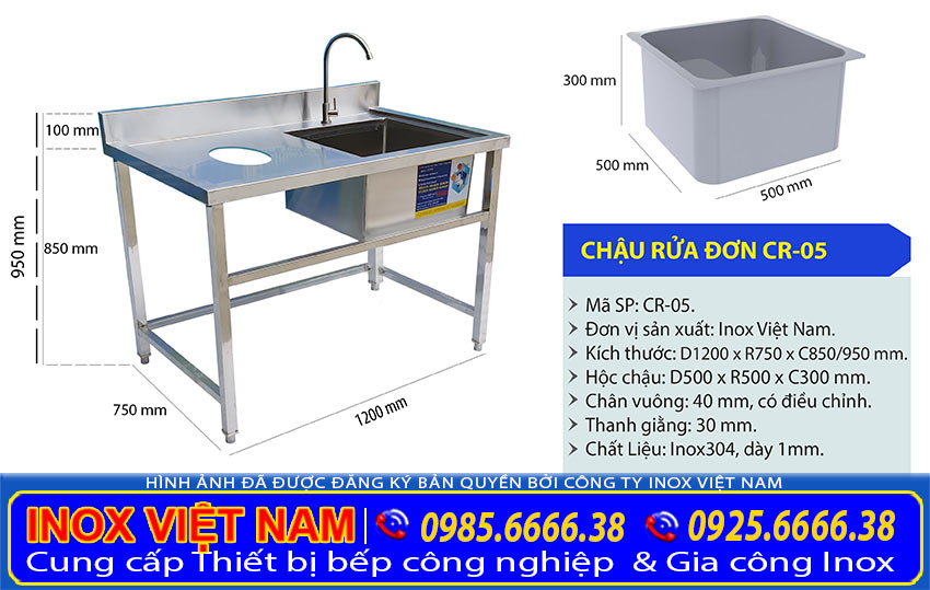 Bồn rửa đơn công nghiệp có lỗ xả rác CR-05