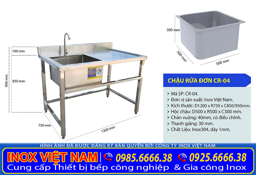 Kích thước chậu rửa đơn bàn rửa cánh phải CR-04