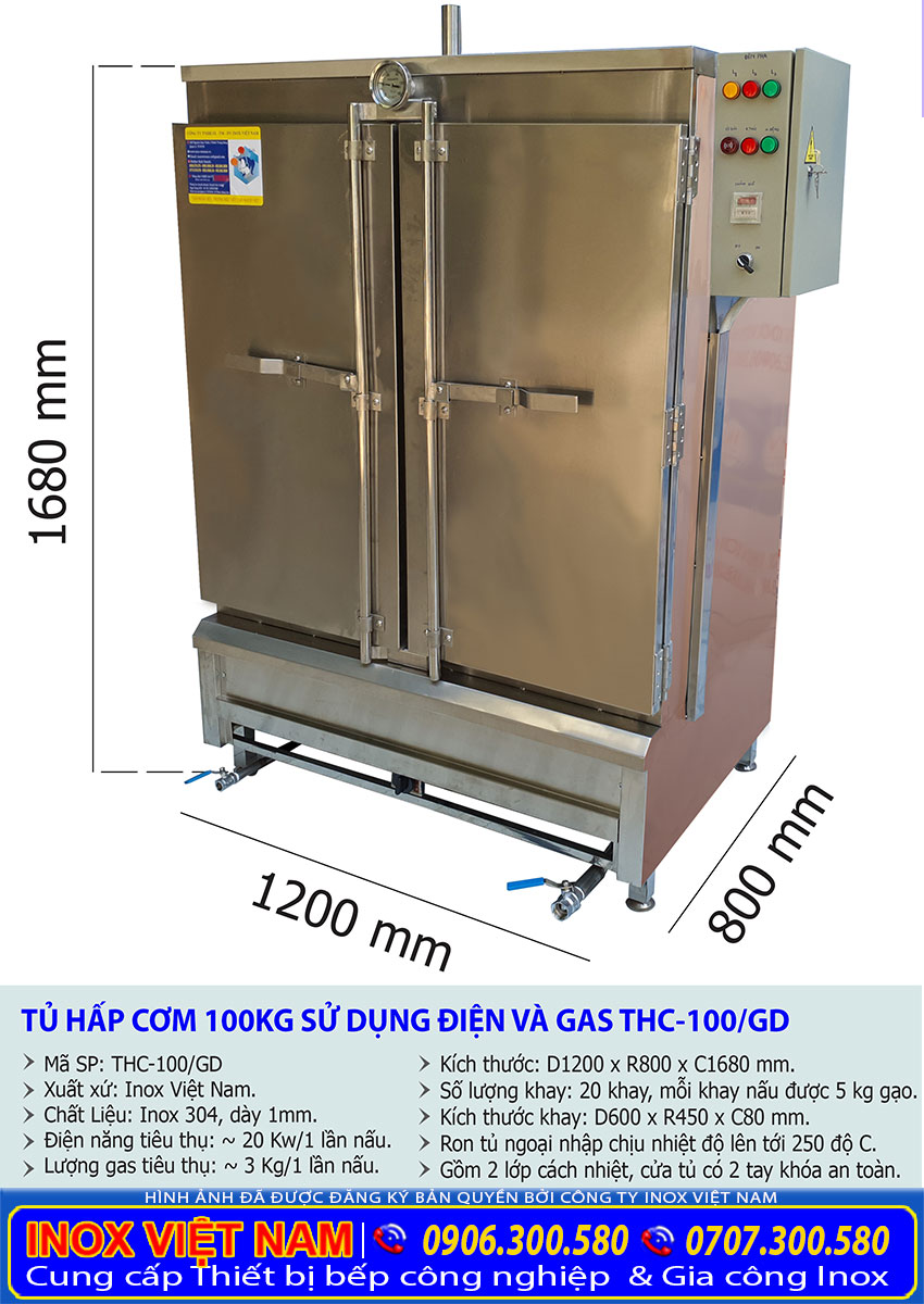 Kích thước tủ hấp cơm 100kg bằng điện và gas