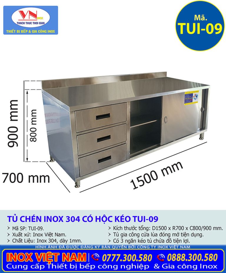 Tủ Chén Inox 304 Có Hộc Kéo TUI-09 - Inox Việt Nam