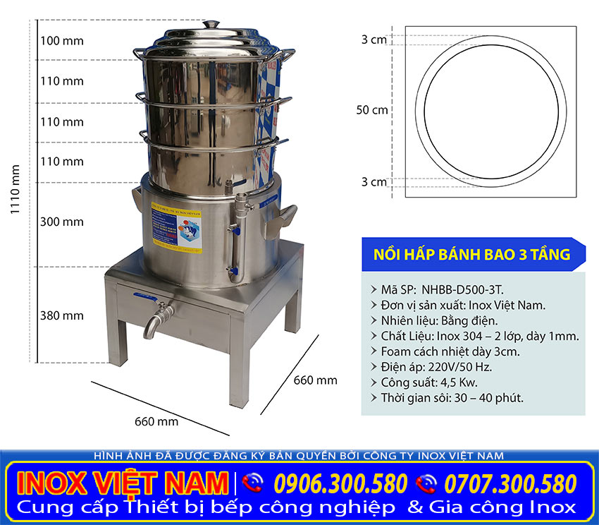 Kích thước nồi hấp bánh bao 3 tầng bằng điện inox 304