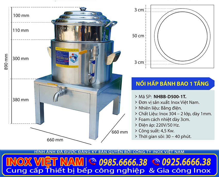 Kích thước nồi hấp bánh bao bằng điện 1 tầng D500