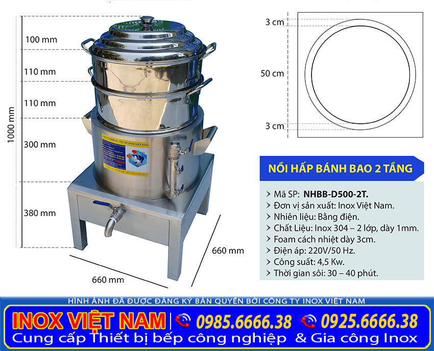 kích thước nồi nấu bánh bao công nghiệp bằng điện 2 tầng size lớn