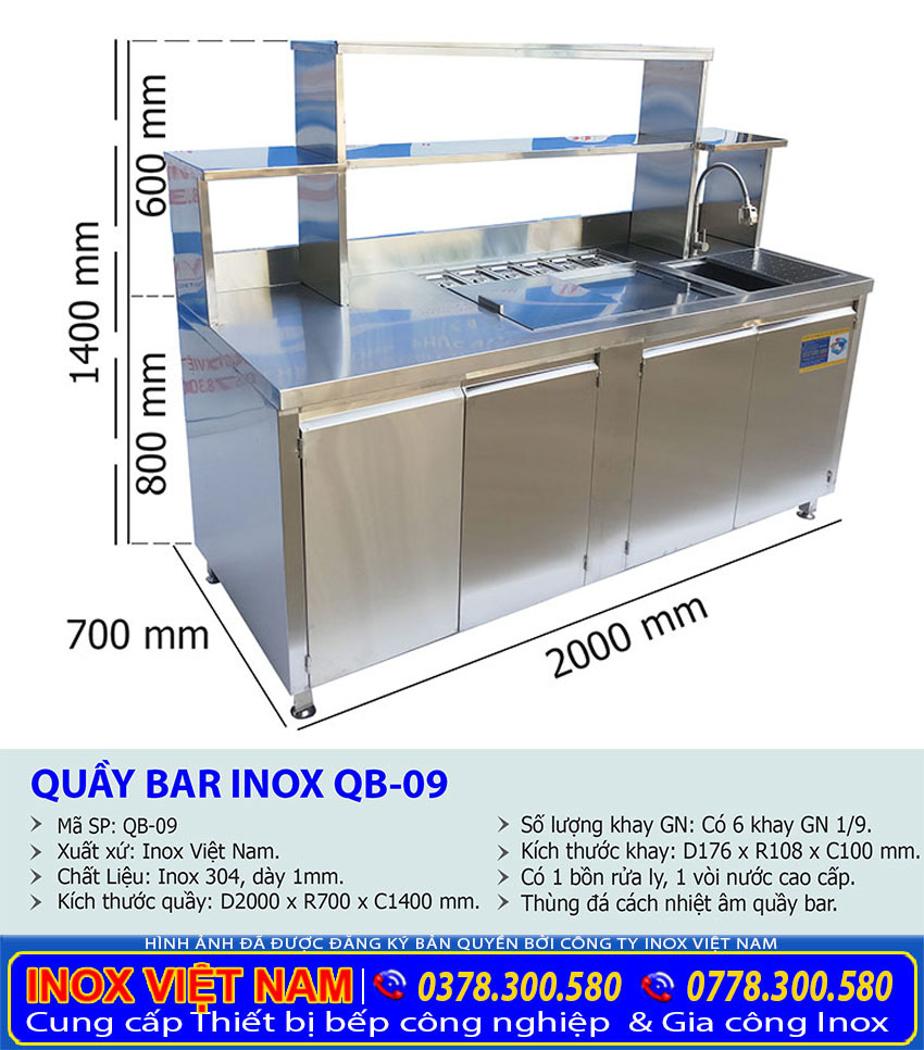 Kích thước quầy bar cafe inox QB-09