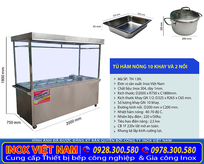 Thông số kỹ thuật Tủ bán cơm hâm nóng thức ăn 10 khay 2 nồi