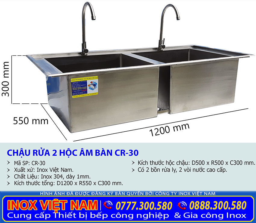 Kích thước chậu rửa 2 hộc âm bàn CR-30