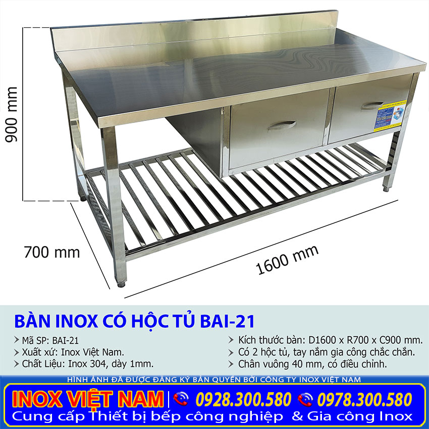 Kích thước bàn bếp inox có 2 hộc tủ BAI-21