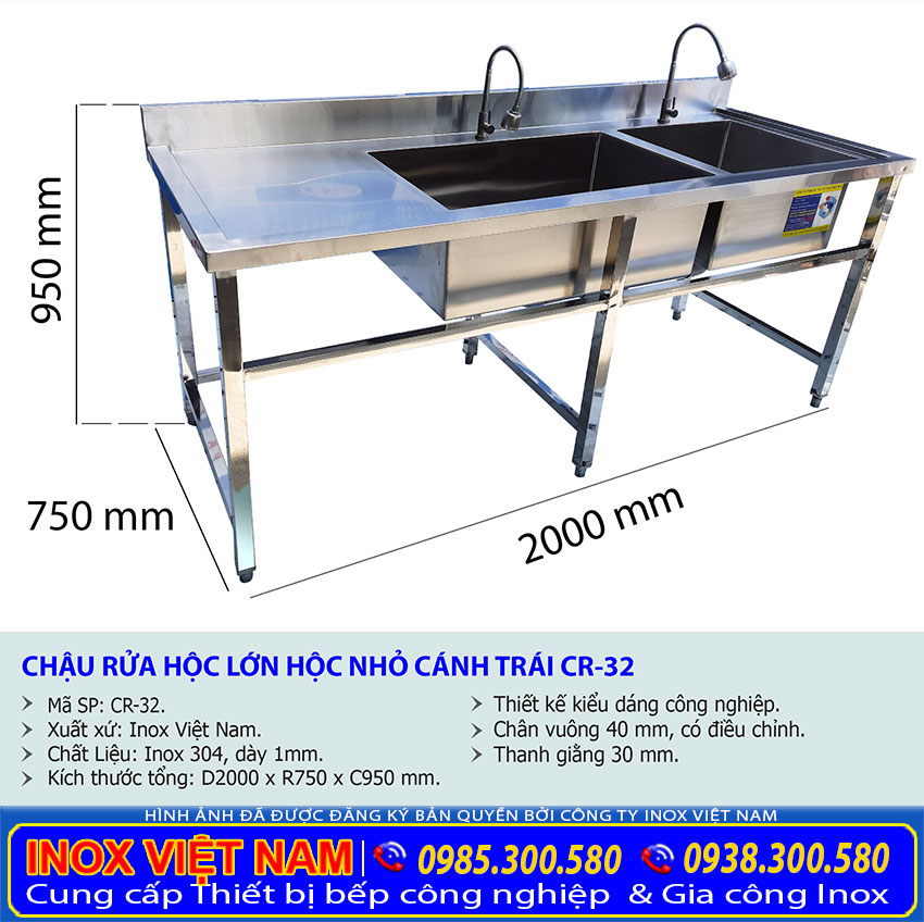 Kích thước chậu rửa đôi inox công nghiệp