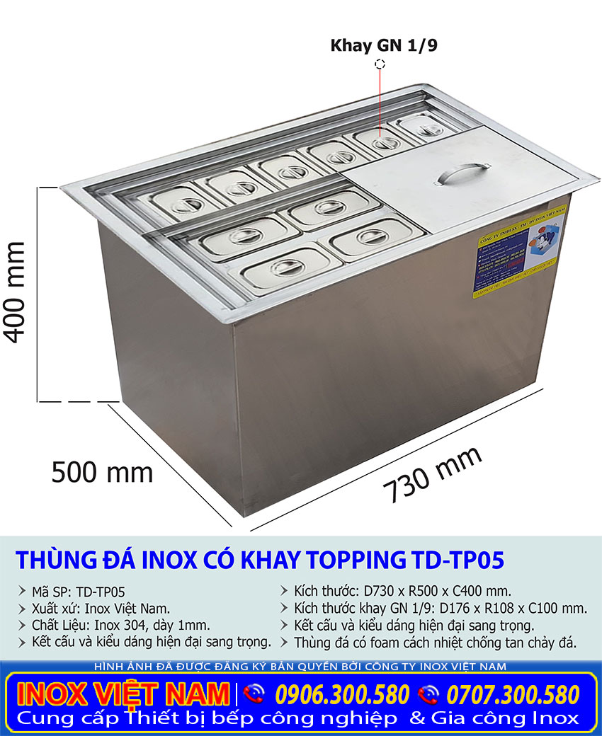 Báo giá thùng đá inox có khay topping