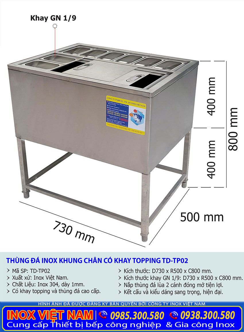 Giá thùng đá inox có khay topping TD-TP02