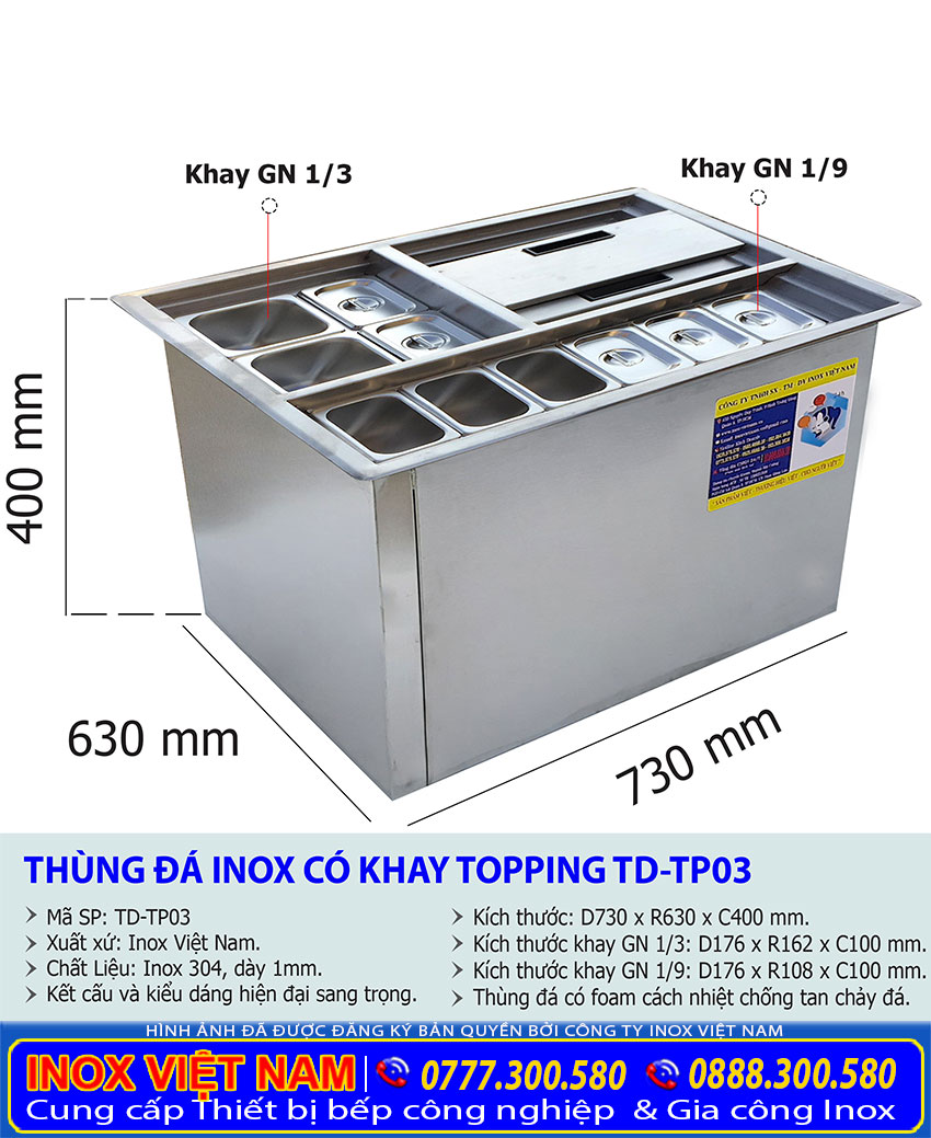 Kích thước thùng đá inox có khay topping âm bàn