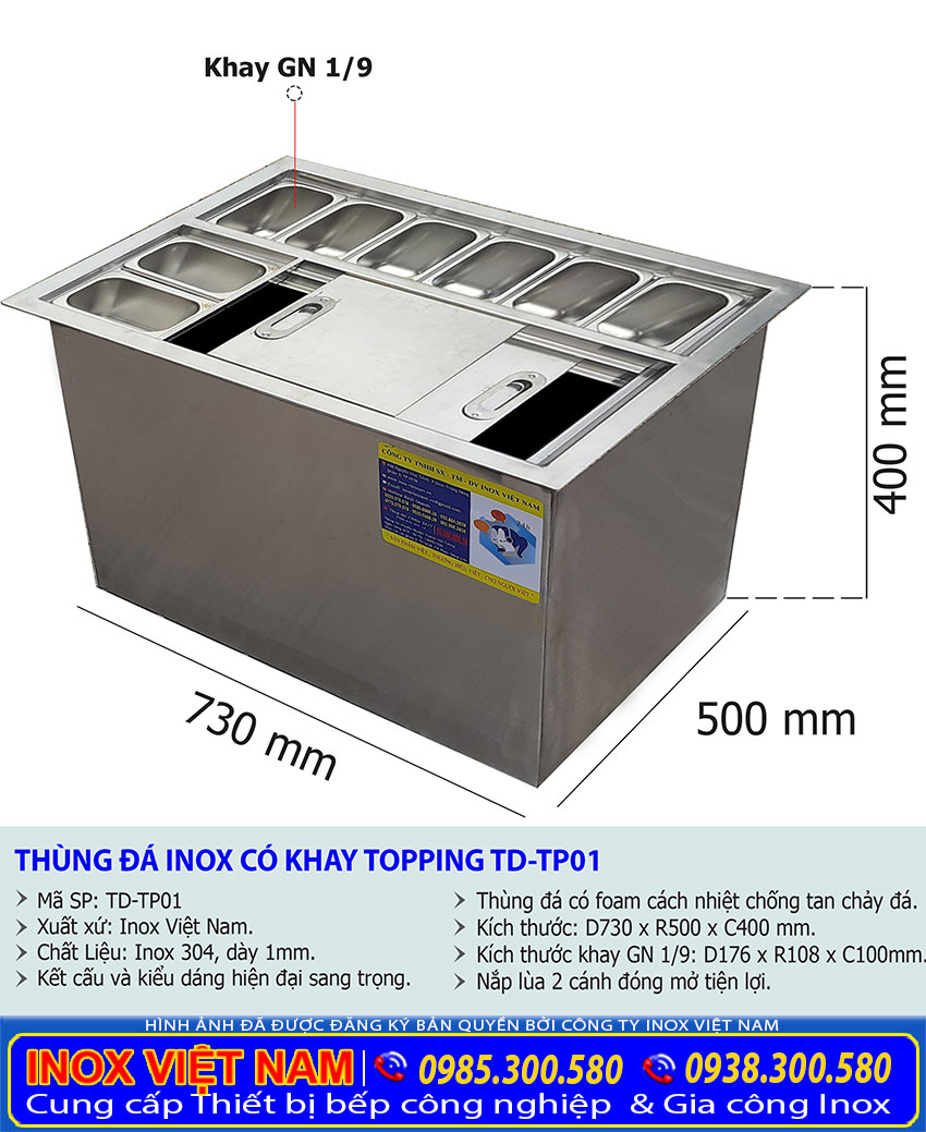 thùng đá inox âm bàn có khay TD-TP01