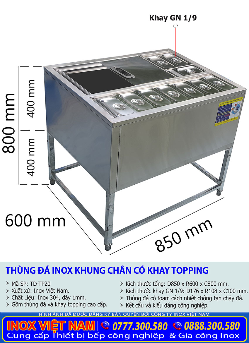 kích thước thùng đá có khay topping